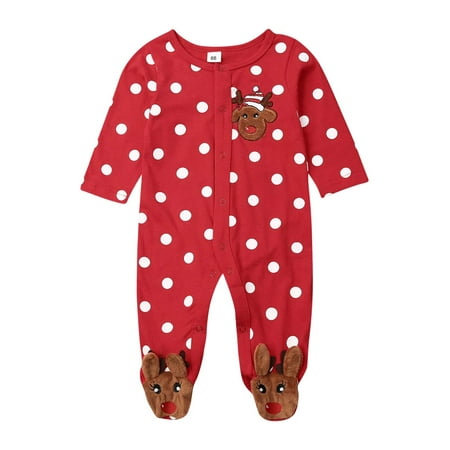 

Nokpsedcb Newborn Baby Boys Girls Christmas Romper Long Sleeve Round Neck Fawn Embroidered Jumpsuit Red 3-6 Months
