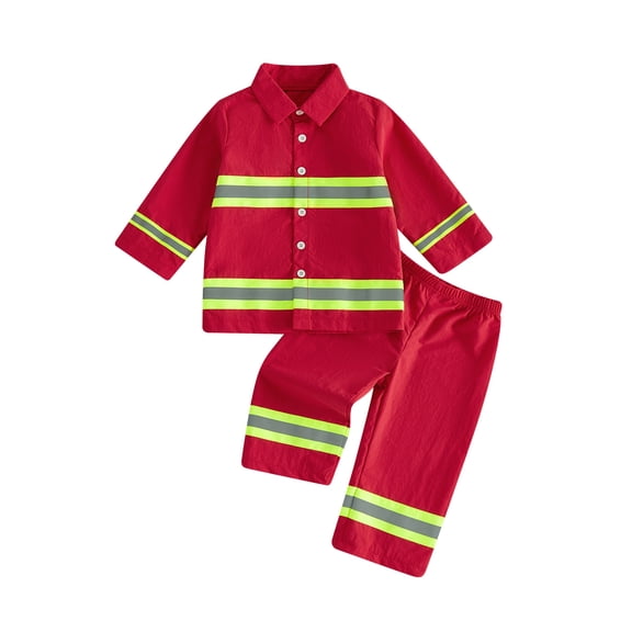 RUINIXCW Kids Toddler Baby Boy Girl Halloween Firefighter Costume Fall Winter Birthday Outfit Reflective Striped Button Down Collared Long Sleeve Shirt and Pants Set