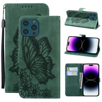 Feishell Wallet Case For iPhone 15 Pro Max, Magnetic Folio Card Slots Holder Kickstand Premium PU Leather Butterfly Patterned Embossed with Wrist Strap Cover For iPhone 15 Pro Max, Green