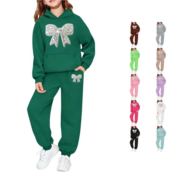 RMGVDSD Girls Sweatsuit Fall Bow Print Hoodie Sweatshirt Pants Set with Pockets Casual Two Piece Outfit Comfortable Stylish Clothing