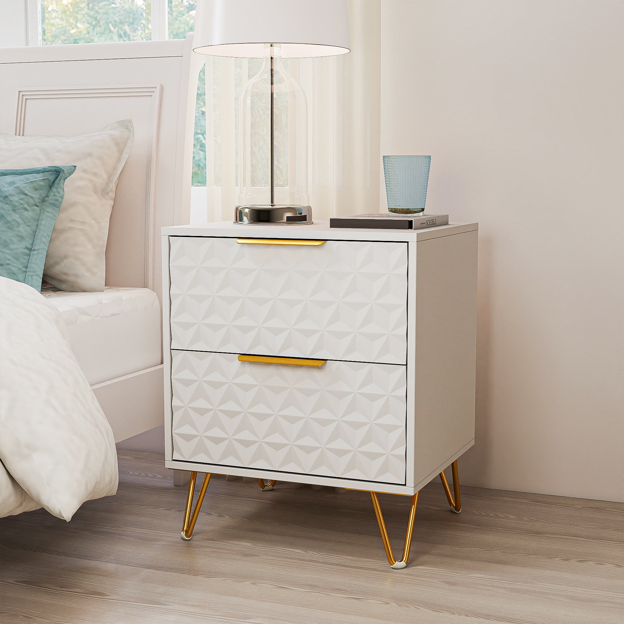 Resenkos 2-Piece Textured Diamond-Pattern Nightstands with Gold Handles & Hairpin Legs, Modern Bedroom Bedside Storage Cabinets, White