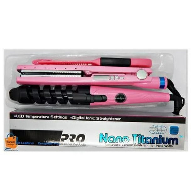 Kit Rosa Plancha 450° Rizador Peine Cabello Gama Titanio Pro