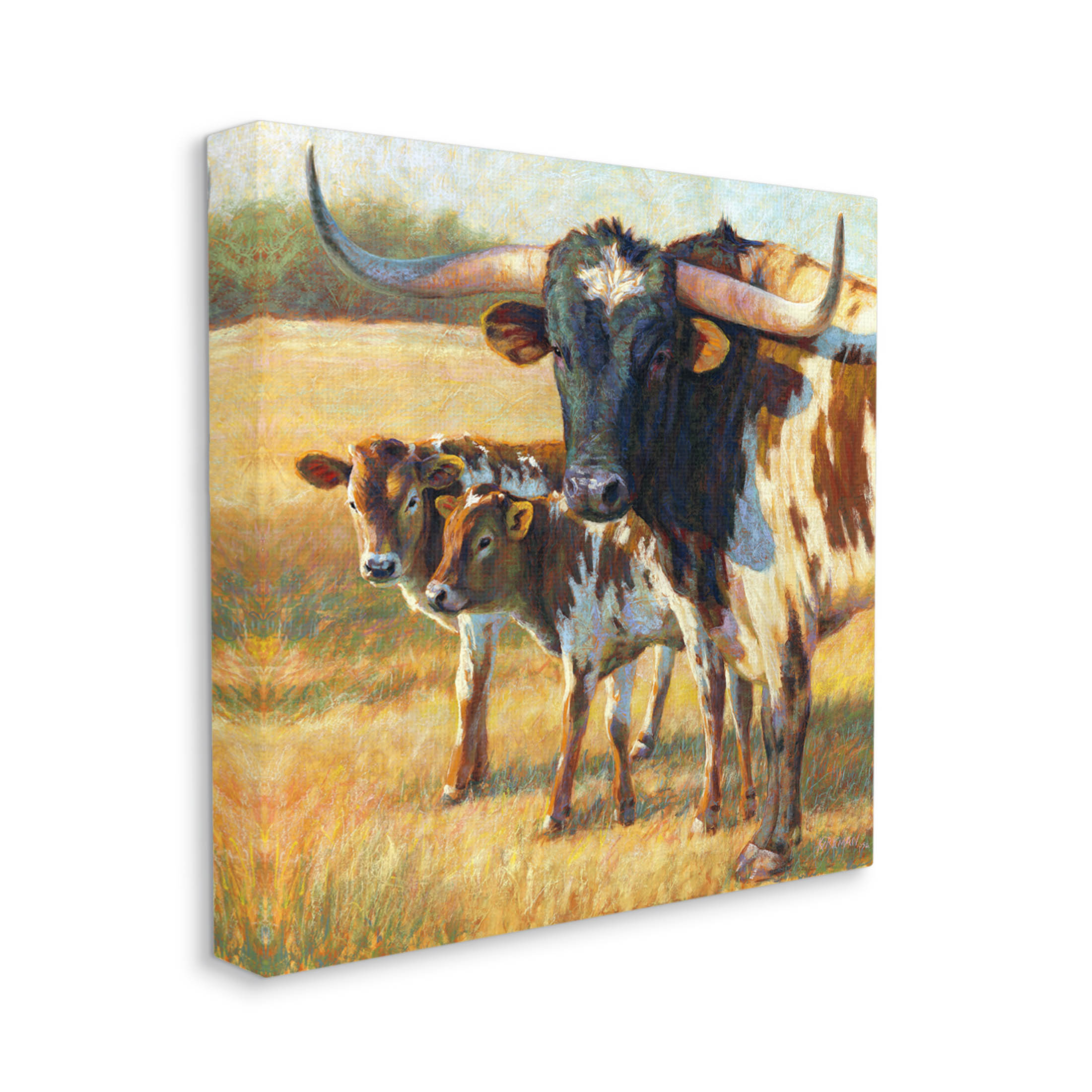 Longhorn Cattle Family Grassland Animals & Insects Painting Gallery Wrapped Canvas Print Wall Art