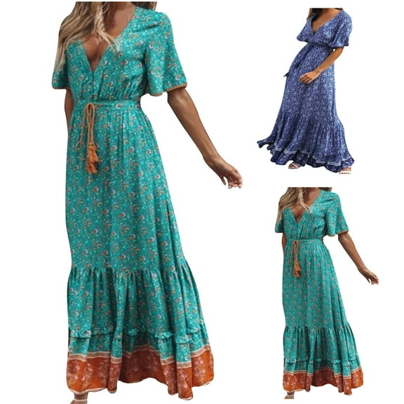 Ahuyic Womens Summer Casual Dress,Womens Plus Size Dress,Womens Casual-Neck Solid Color Short Sleevel Waist Up Dress Dress,Green,L