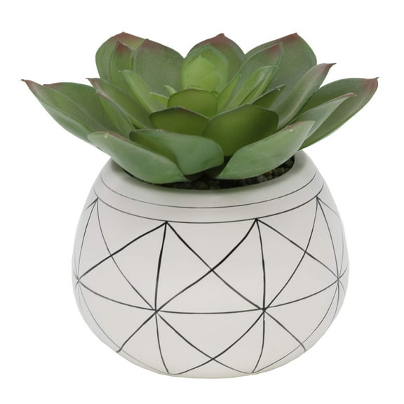Flora Bunda Mid Century Artificial Plants Artificial Succulent in 6.5 Inch Round Geometric Hand Painted Planter with Legs,6.5" Round White/Black Line