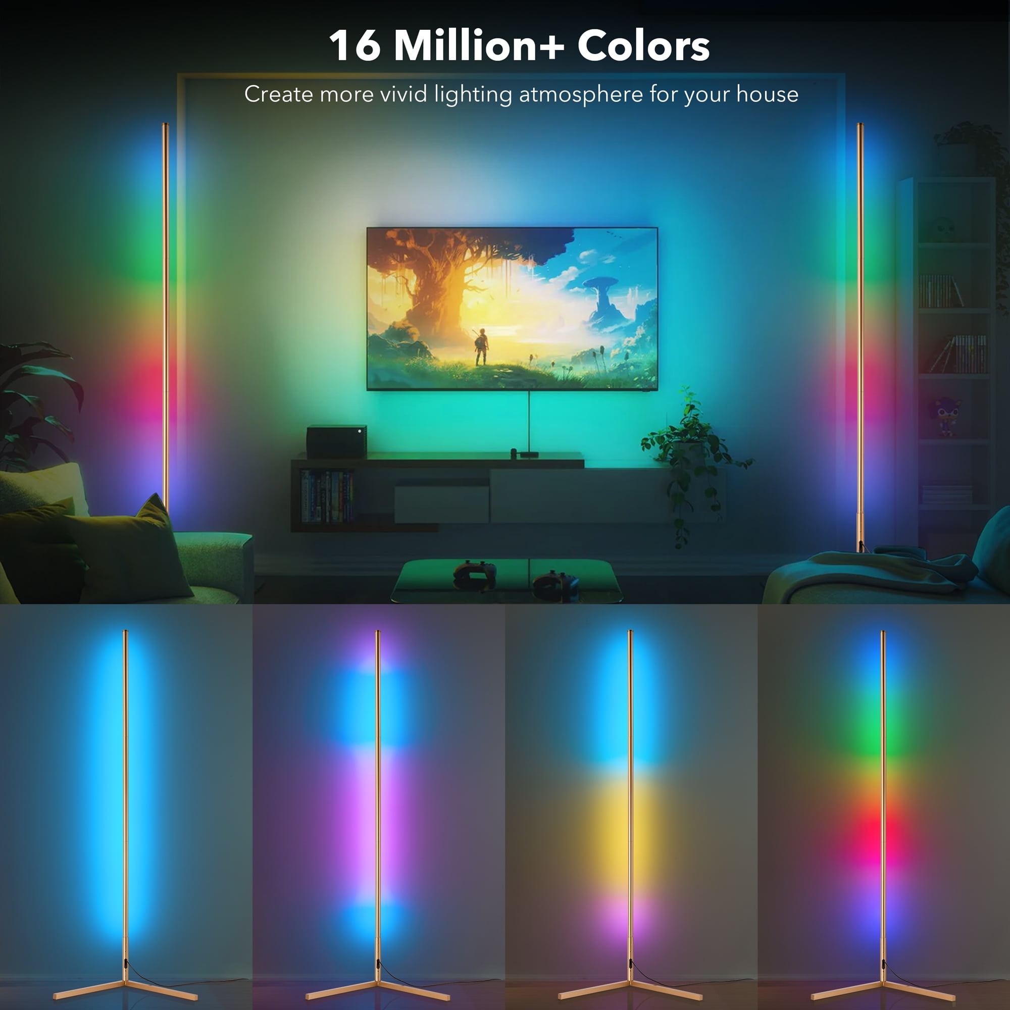 EP Light Modern LED Floor Lamps with Remote for Living Room, Dimmable, 56 inch Minimalist Standing Lighting for Bedroom, Office, Gold，2 Packs