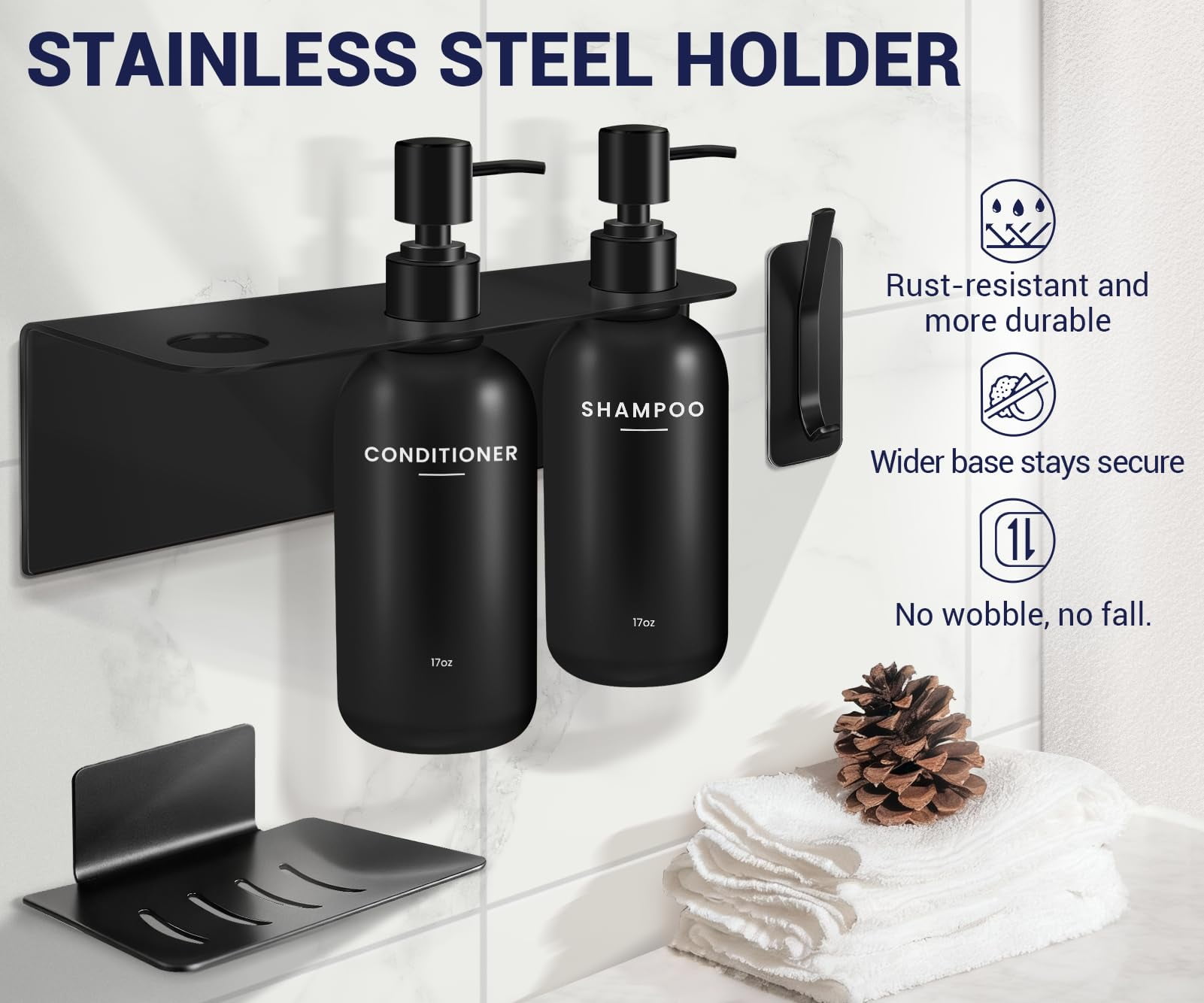 Shampoo and Conditioner Dispenser - Shower Soap Dispenser Wall Mounted - 17 fl oz Set of 3 Black Plastic Bottles Black Pump - Shampoo Dispenser, Shower Dispenser