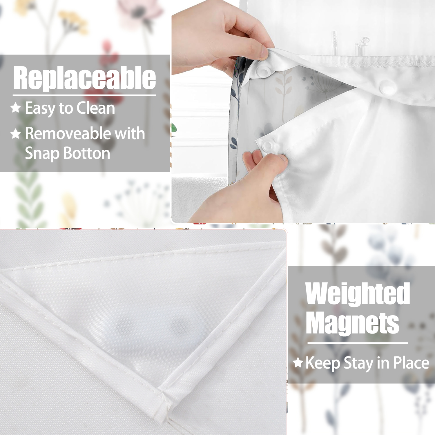 Mizhona Hookless Shower Curtain with Snap in Liner, Wild Floral Waterproof Fabric Mesh Window Bath Curtain, 71"X74"