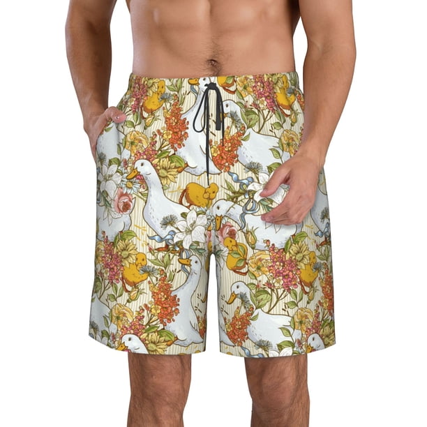 Balery Ducks and Flowers Traje de Baño Estilo Hawaiano para Hombre, Shorts de Secado Rápido con Bolsillos-Medium