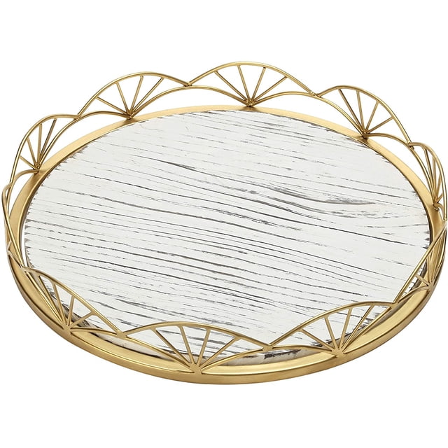 MyGift 12.5 inch Vintage Round Wood Serving Tray with Brass Rim