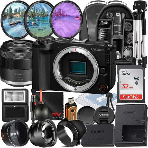 Canon EOS R50 V Mirrorless Camera with 14-30mm PowerZoom   SanDisk 32GB Memory Card   Backpack   Tripod   SV Premium Accessory Bundle (International Version)