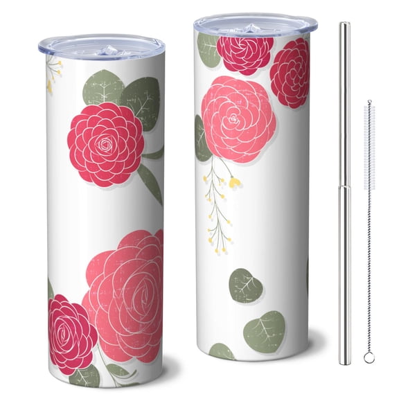 Rose 20 Oz Stainless Steel Skinny Tumbler – Vacuum Insulated Slim Travel Cup with Lid & Stainless Steel Straw, 360° Full Wrap Printed Tumbler for Home, Office & Outdoor Use, Spring, Floral
