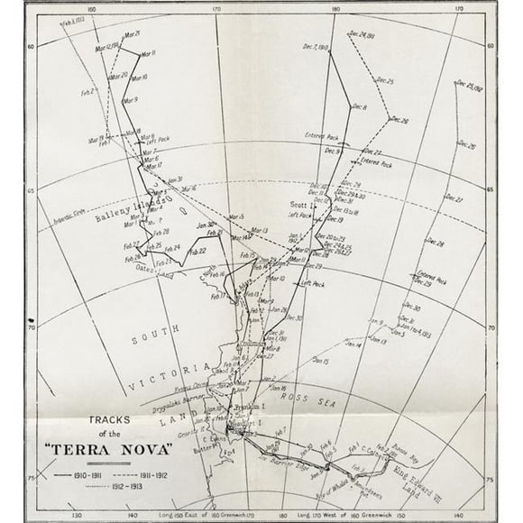 Map Showing The Tracks of Robert Falcon Scotts Terra Nova Expedition 1910 to 1913 From South with Scott By Rear Admiral E.R.G.R. Evans Poster Print, 14 x 15