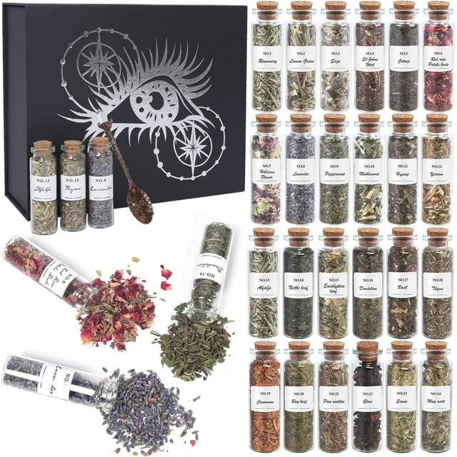 czcpp-Witchcraft Supplies Herbs and Flowers Kit - 24 Pieces of Natural Dried Herbs Set with Crystals Spoon - Witchy Beginners Experienced Dried Herbs Box for Spells Rituals Room Altar Decor