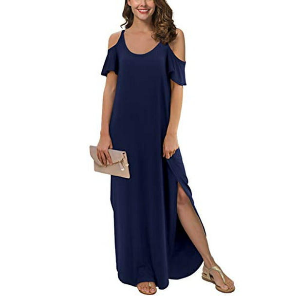 GRECERELLE Women's Summer Casual Loose Long Dress Strapless Strap Cold  Shoulder Short Sleeve Split Maxi Dresses with Pocket Navy Blue-X-Large -  Walmart.com