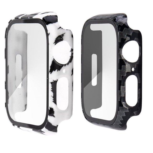 2 Pack PC Case with Tempered Glass Screen Protector Compatible with Apple Watch Series 3 Series 2 42mm, HD Overall Shockproof Protective Cover for iWatch white leopard and carbon fiber