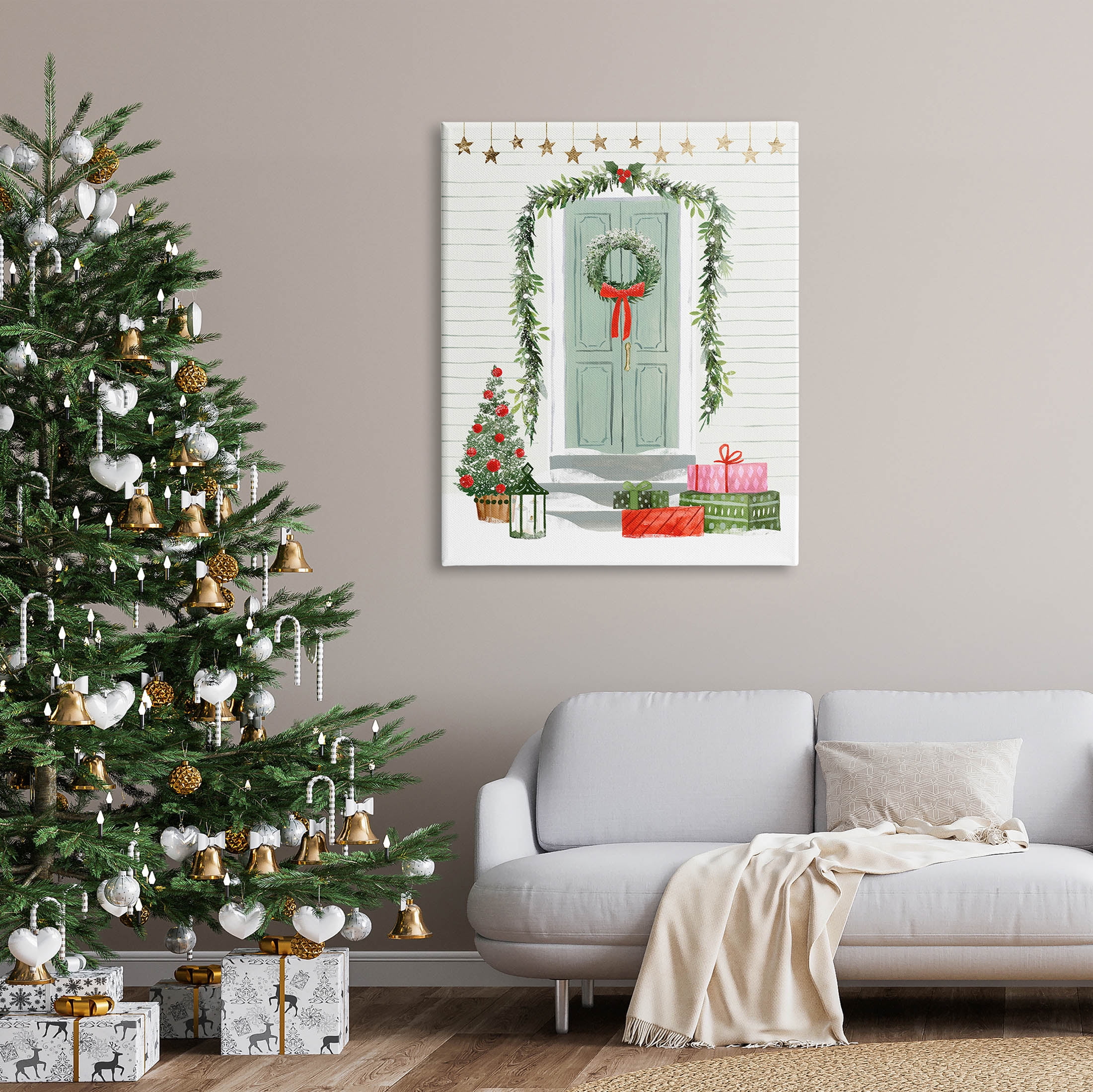 Stupell Industries Christmas Presents Wreath Doorstep Graphic Art Gallery Wrapped Canvas Print Wall Art, Design by Victoria Barnes