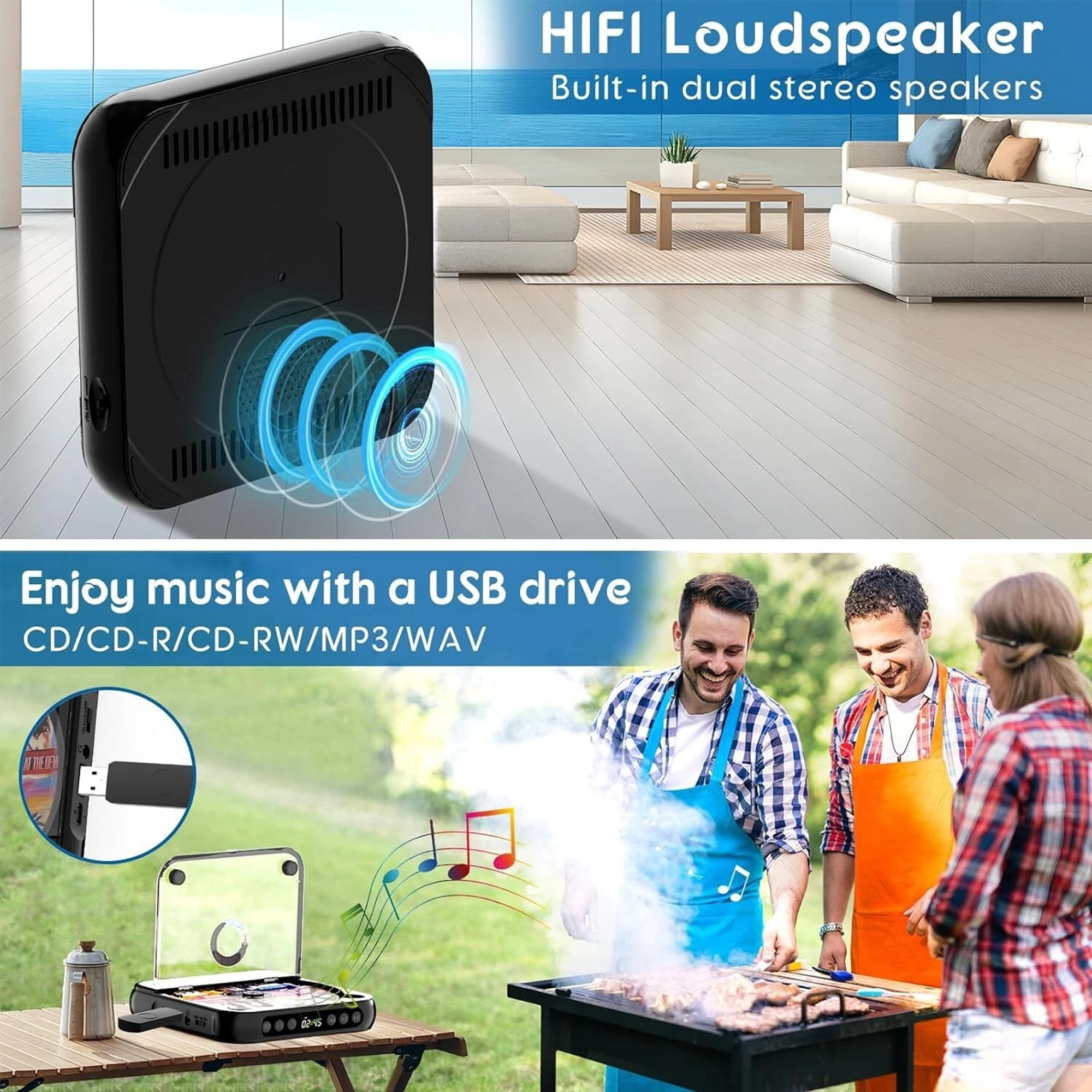 Portable Bluetooth LCD Screen Display CD Player, Plays MP3 & CD-R/RW for Car & Travel, Black