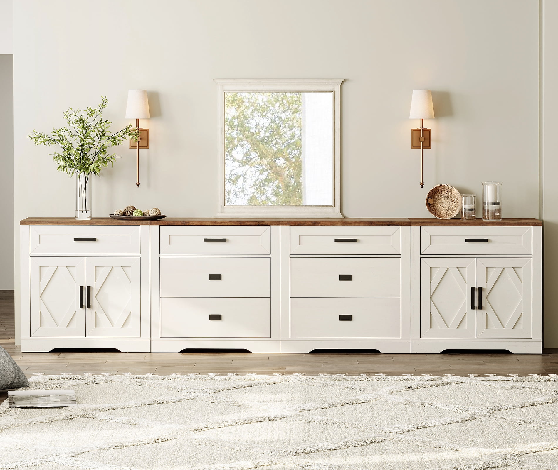WAMPAT 126"W Large TV Stand,4-in-1 Farmhouse Entertainment Center with Storage Barn Door Cabinet,TV Console Table With Media Cabinet and Drawers for Living Room,Bedroom,Cream White