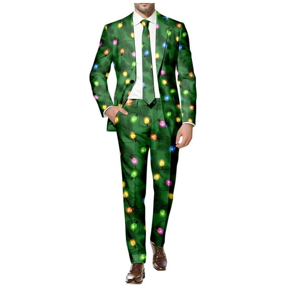 Adult Mens Christmas Suits 2 Piece Funny One Button Xmas Ugly Tuxedo Jacket And Trousers Set Comfortable Slim Fit Winter Party Mens Suits