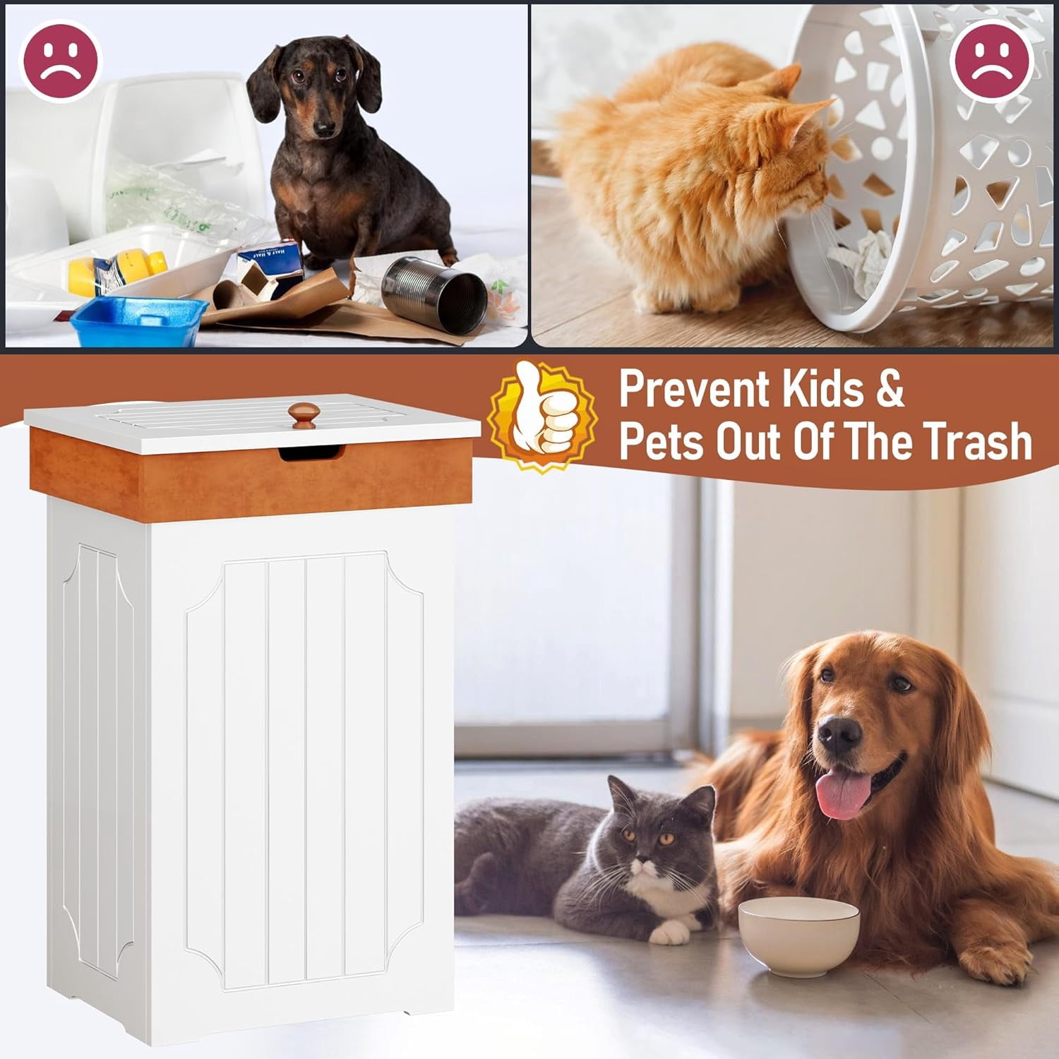 Trash Can Cabinet, 13 Gallon Kitchen Garbage Can, Wooden Recycling Trash Bin, Dog Proof Trash Can, Trash Cabinet with Lid for Home Kitchen Bathroom, White