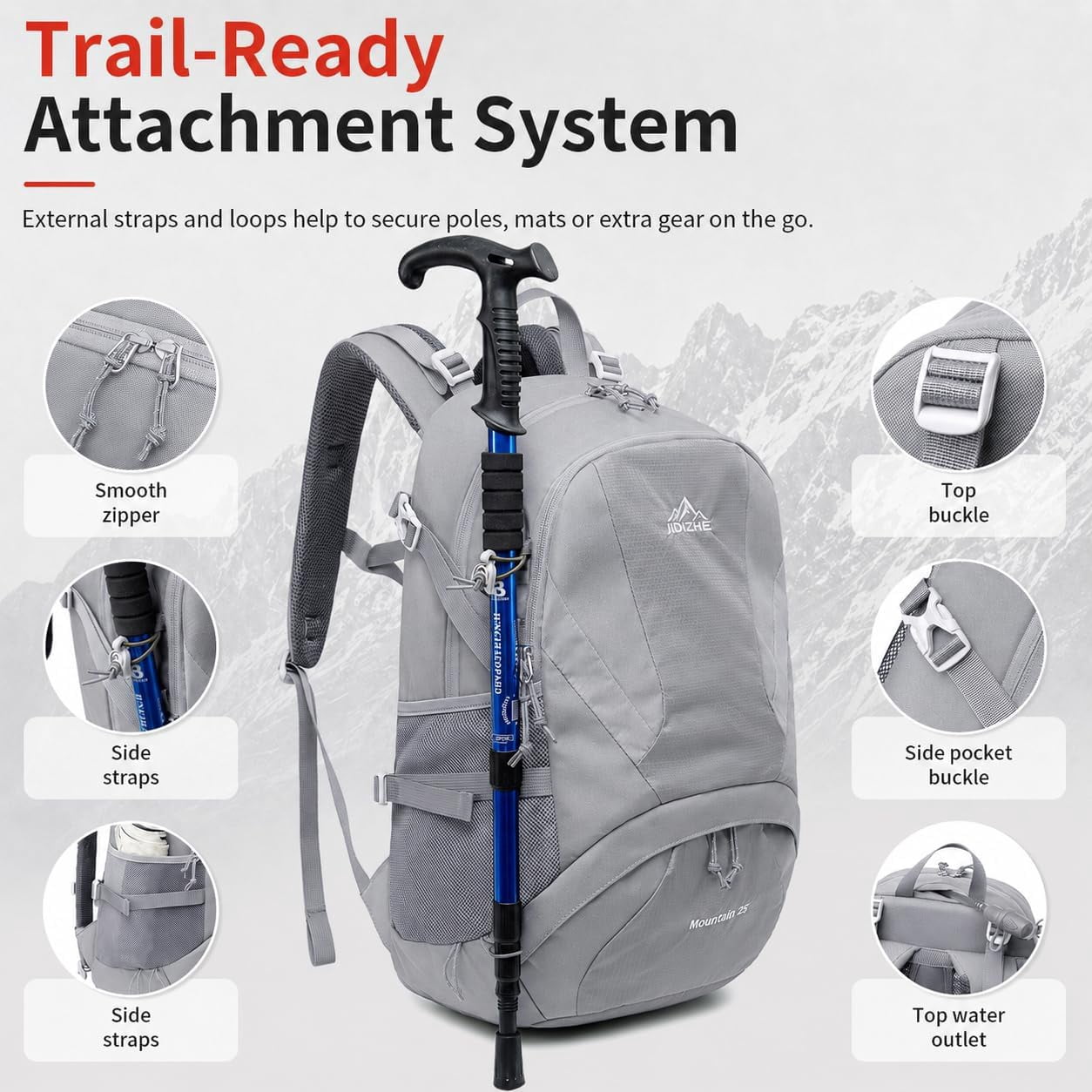 JIDIZHE 25L Hiking Backpack, Water Resistant Daypack with Rain Cover, Lightweight Design, Adjustable Chest Strap & Breathable Back Pad, Unisex for Hiking, Camping & Travel, Grey