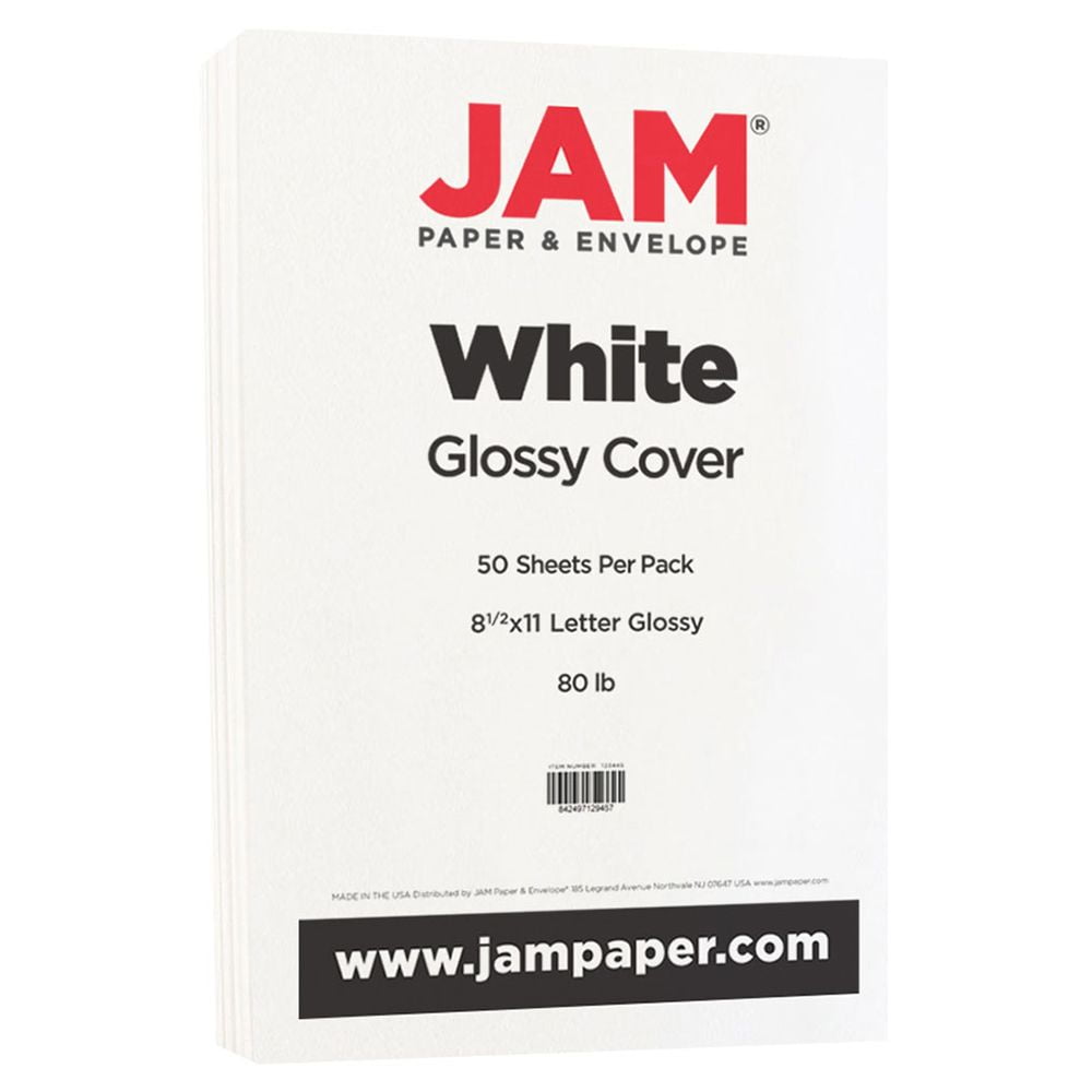 JAM Colored 80lb Cardstock, Glossy 1 Sided, 8.5 x 11 Coverstock, White, 250 Sheets/Ream