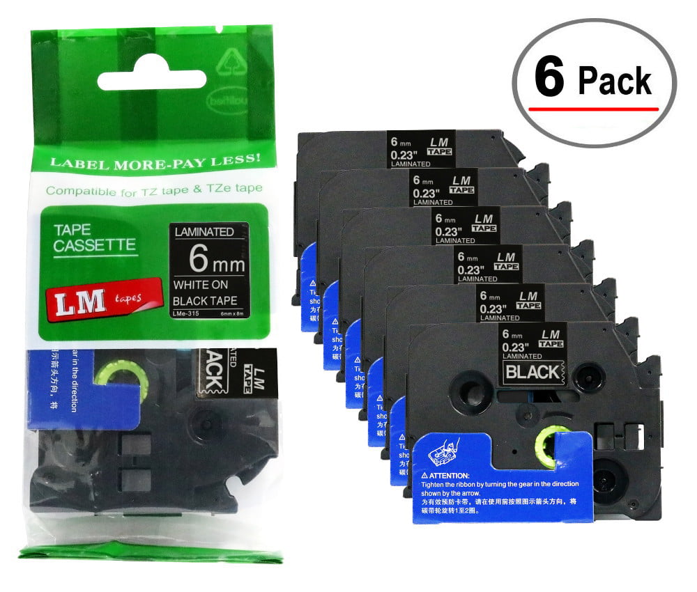 6PK TZ315 Tze315 White on Black Label Tape for Brother P-Touch PT-9600 6mm 1/4" 