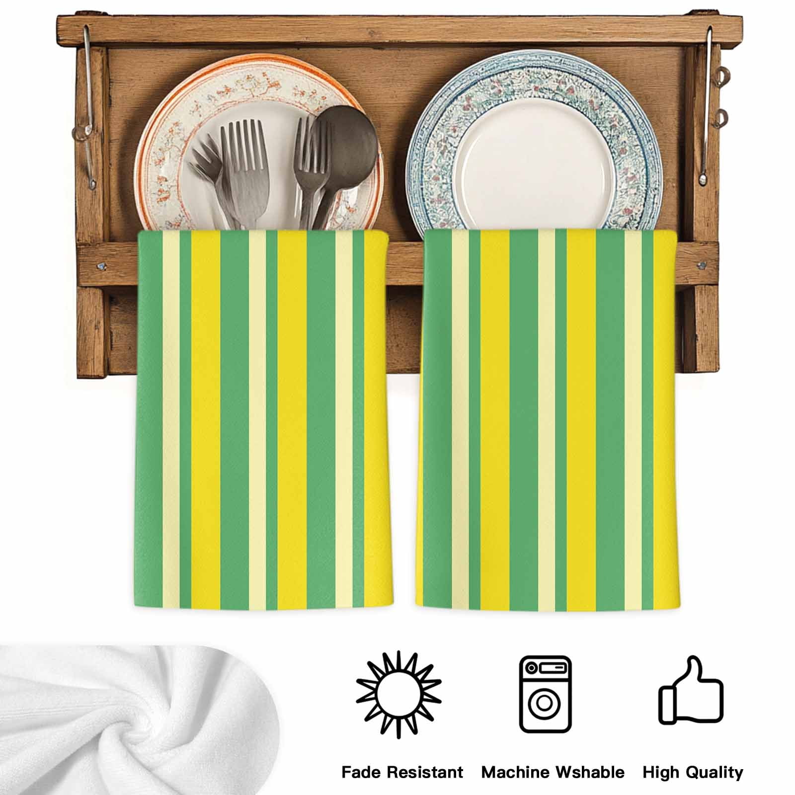 Dish Towels, Lemon Yellow Green Stripes Absorbent Kitchen Towels 2 PCS, Vertical Striped Microfiber Hand Towels Dish Cloths Tea Towels for Home&nbsp;Bathroom Cleaning Drying,18X28-Inch,