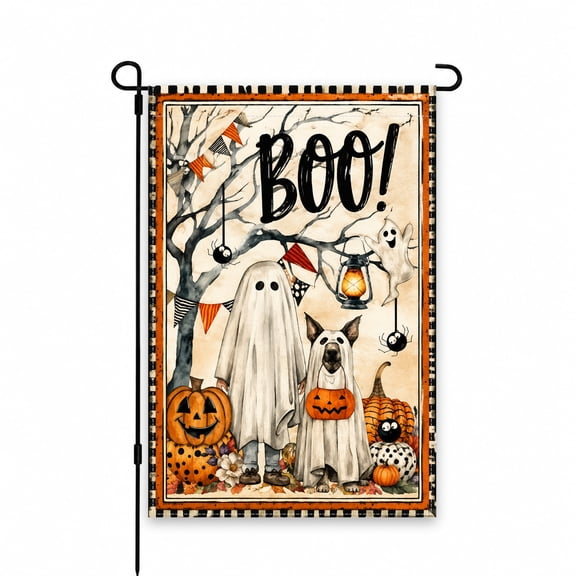 Halloween Boo Garden Flag 12x18 Inch - Spooky Ghosts & Pumpkins Design for Festive Outdoor Decor in Yard, Lawn, Patio, Porch - Seasonal Decoration