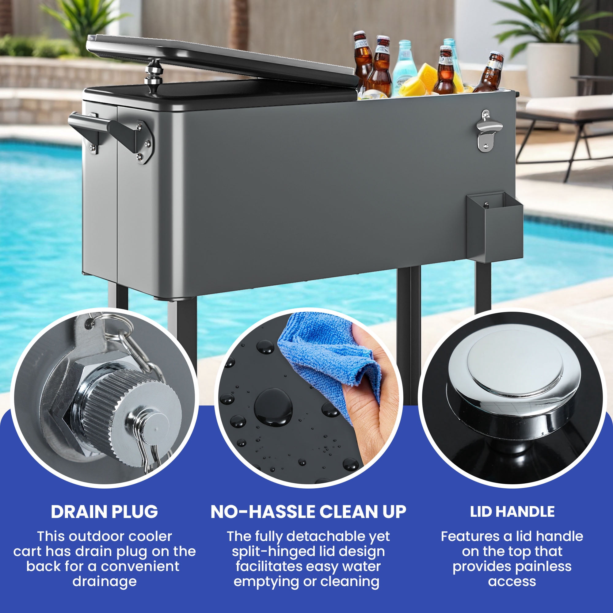 Uforic 80 Quart Rolling Ice Chest Cooler Cart,Outdoor Portable Beverage Cart, with Bottle Opener, Storage Shelf & Drain, Gray