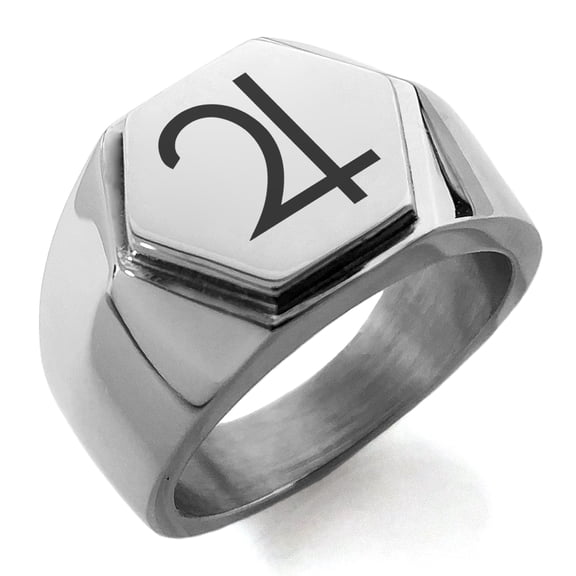 Stainless Steel Solar System Planetary Jupiter Engraved Hexagon Crest Flat Top Biker Style Polished Ring