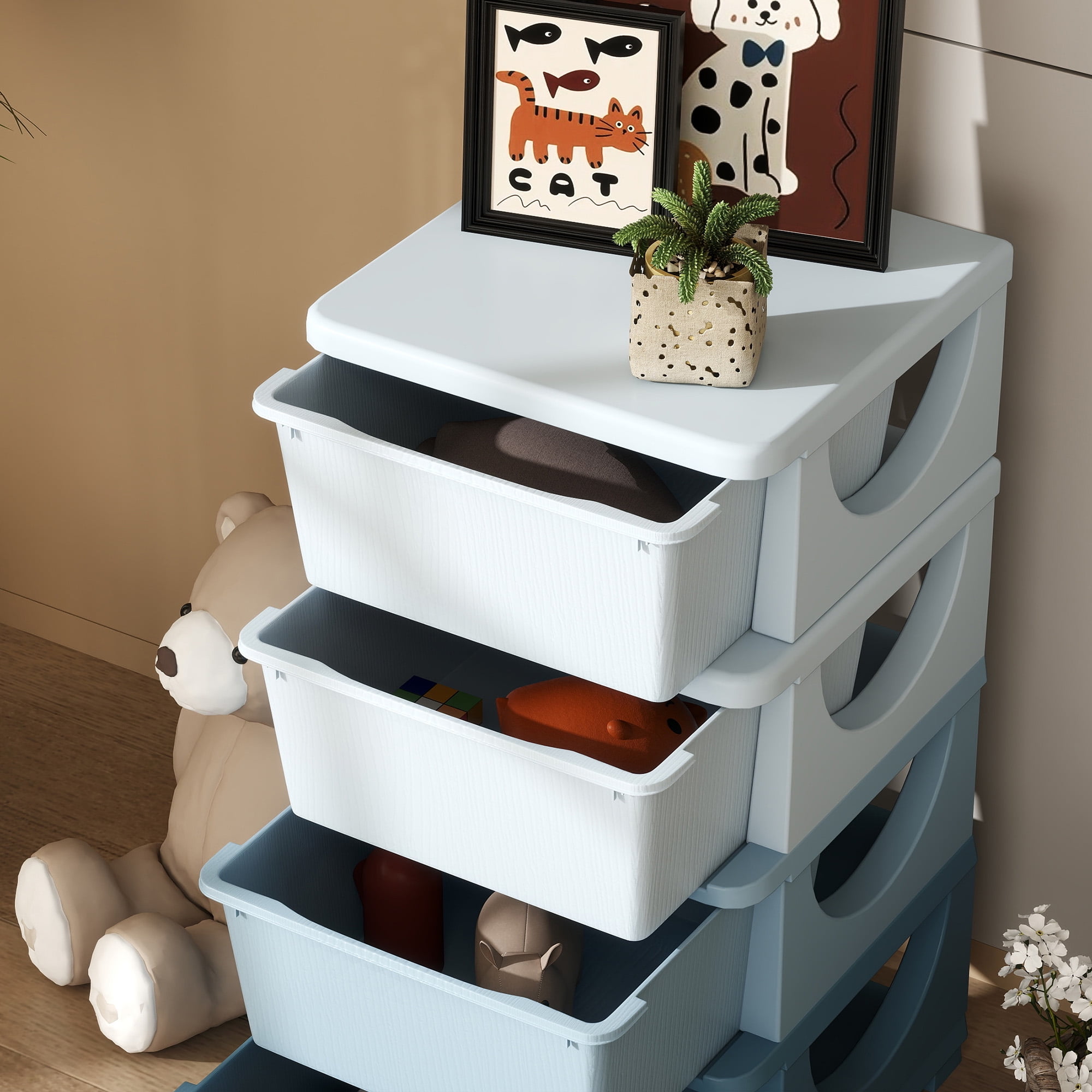 Qaba 4 Tier Kids Storage Unit Dresser Tower with Drawers Chest Toy Organizer for Bedroom Nursery Kindergarten Living Room for Boys Girls, Blue