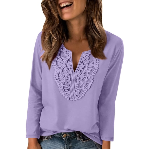 Lenpel Women's T Shirts Fashion Long Sleeve V Neck Floral Lace Front Solid Color Loose Tunic Tops Soft Casual Tee Blouses(Purple,X-Large)