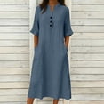 thumbnail image 2 of PRINxy Women's Washed Crinkled Cotton Linen Midi Dress 3/4 Ruffle Sleeves V Neck Button Casual Dress with Pockets for Daily Errands Navy XL, 2 of 6