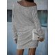 thumbnail image 2 of Vestido de tubo ajustado con lentejuelas de manga larga y medio hombro para otoño e invierno para mujer, vestido a media pierna de Color puro, 2 of 3