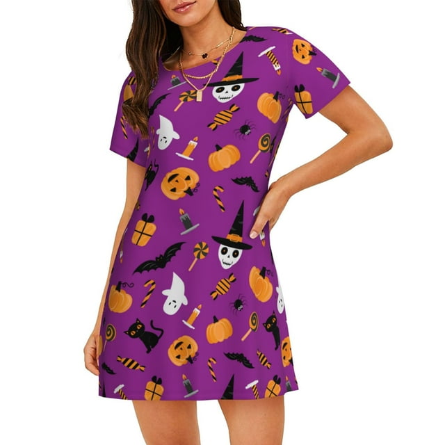 Balery Halloween2 Camisón de manga corta con cuello redondo para mujer, cómodo y elegante.