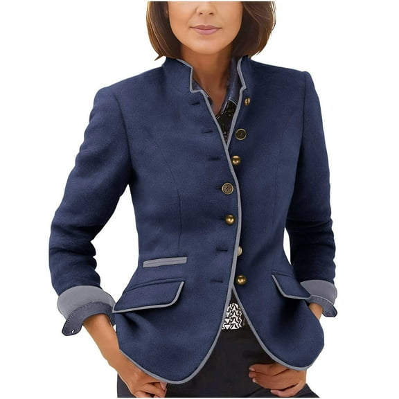 Women's Vintage Jacket Single-Breasted Tweed Blazer Lapel Elegant Classic Fit Jacket Coat Trendy Dressy Fake Woolen Tops (L, Blue)