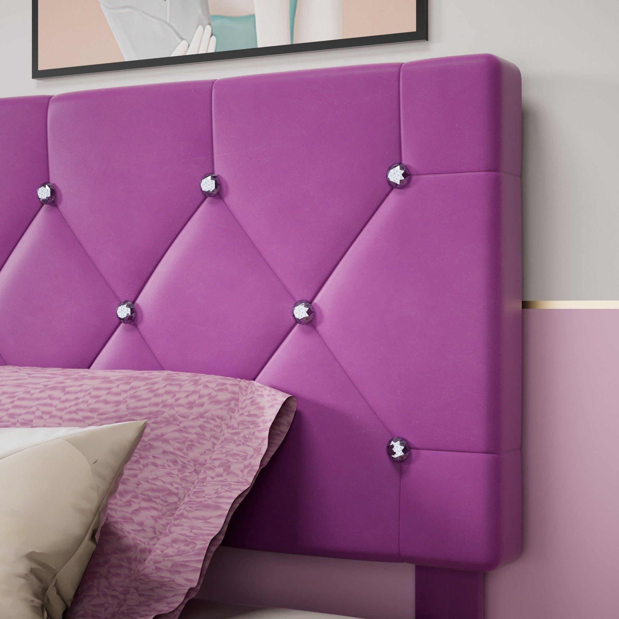 VECELO Upholstered Bed with Storage-1 Drawer, Purple Bed Frame Twin Platform Bed with Faux Leather Tufted Headboard