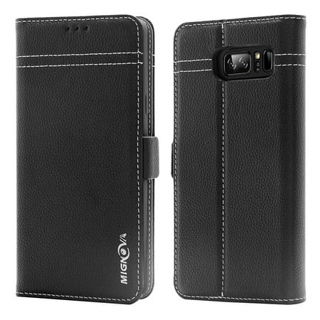 Leather Stand - Samsung Galaxy Note 8 case, Mignova Genuine Leather Case Flip Folio Book Case Wallet Cover with Kickstand Feature Card Slots and Magnetic clip Closure for Galaxy Note 8 2017 (Black)