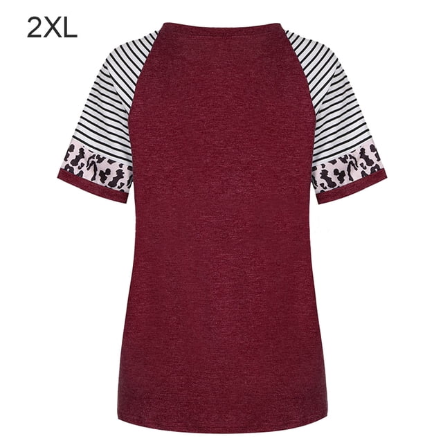 Camiseta de mujer con estampado de rayas, manga corta, blusa con cuello redondo, rojo vino, XXL kenally AP001776-30