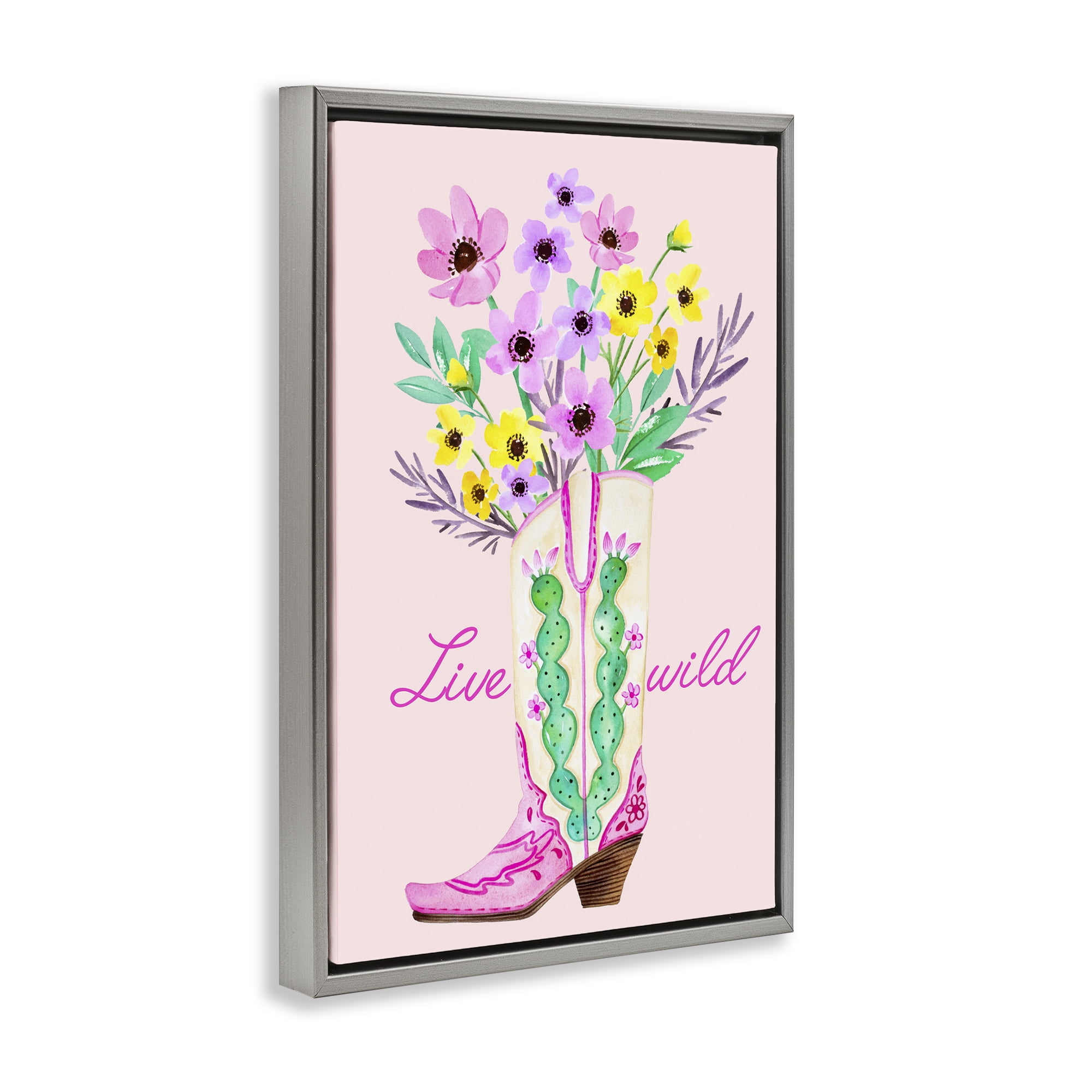 Stupell Industries Live Wild Cowgirl Boot Botanical & Floral Painting Gray Floater Framed Art Print Wall Art, 21 x 31