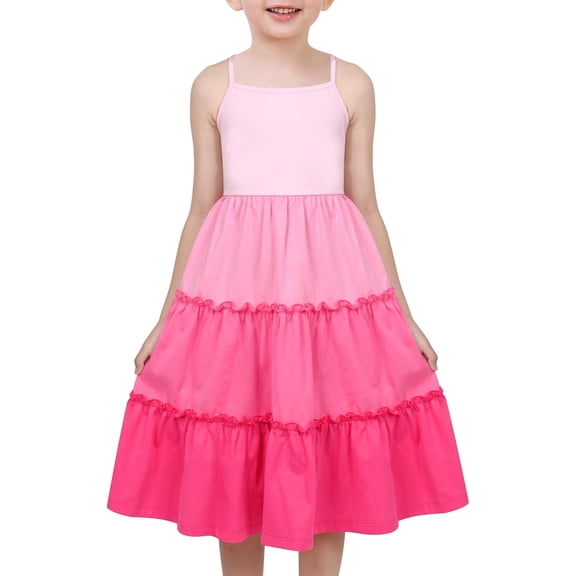 Girls Dress Pink Tiered Ruffle Pleated Sleeveless Princess Dance Prom 4 Years