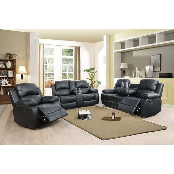 3 Piece Leather Mannual Reclining Living Room Set Black