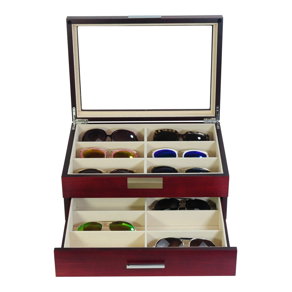 12 Piece Large Cherry Wood Eyeglass Sunglass Two Level Glasses Display Case with Drawer Storage