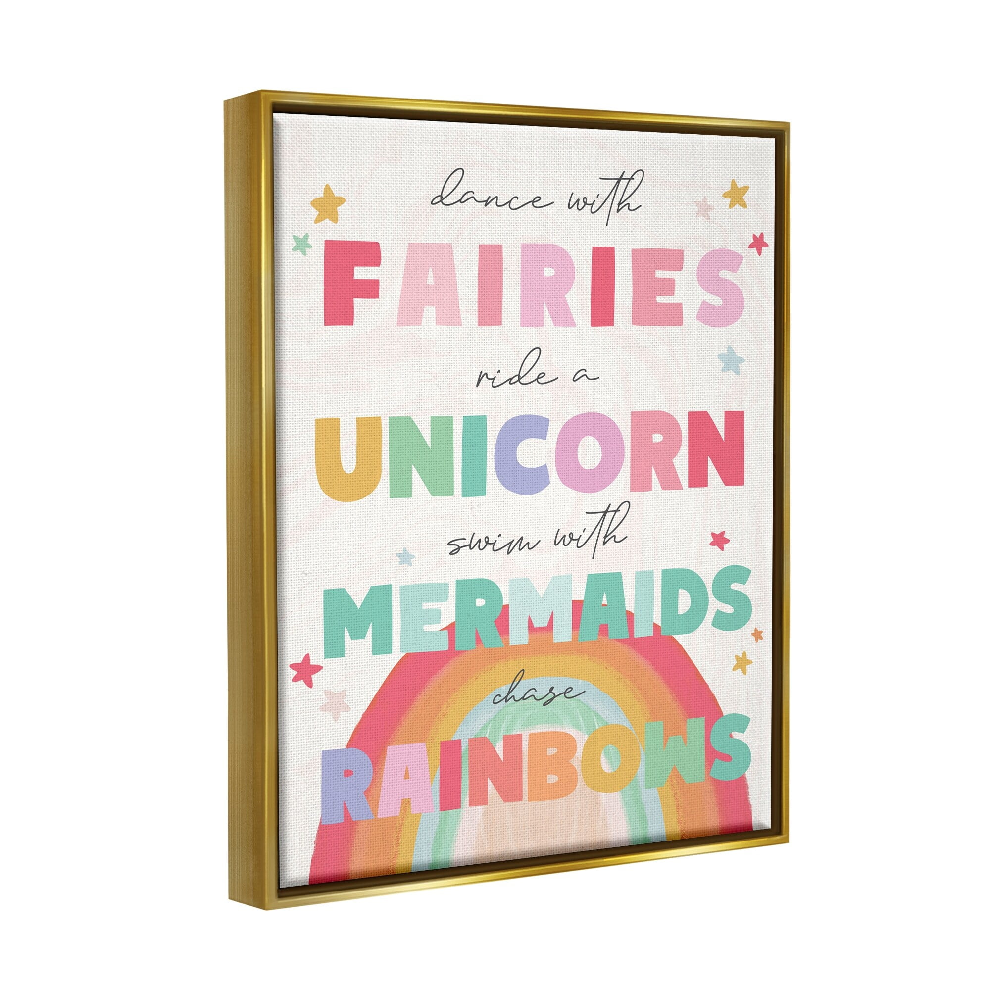 Stupell Industries Fairies Unicorns Mermaids and Rainbows Whimsical Design Metallic Gold Framed Floating Canvas Wall Art, 24x30, by Daphne Polselli
