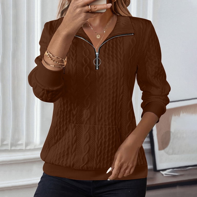 Quarter Zip Sweater Womens Cable Knit Long Sleeve Ring Zipper