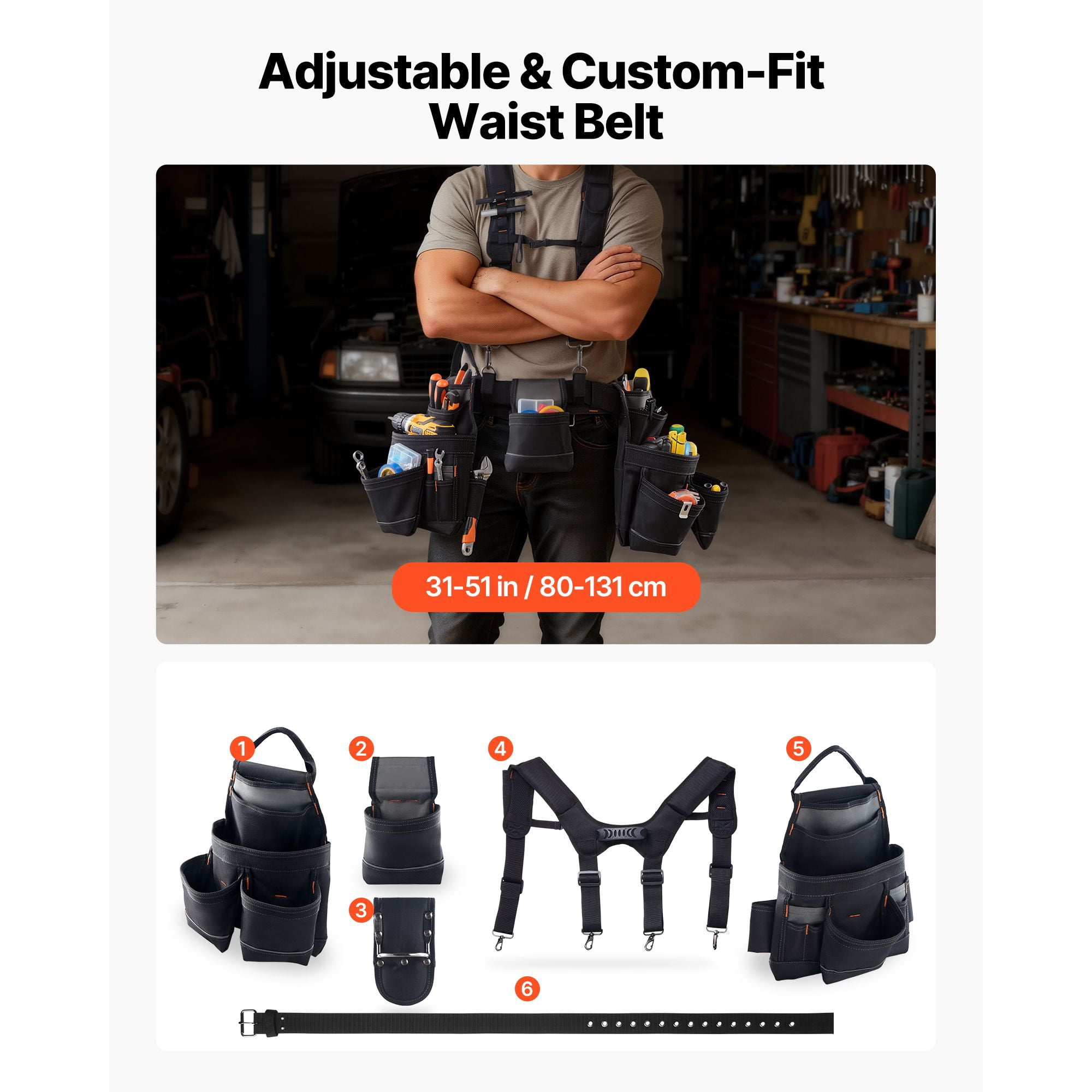 Tool Belt 19-Pockets 600D Polyester Adjustable Waist 31-51 Inch for Carpentry Construction