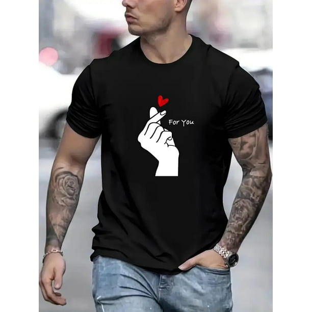 Graphic - Camiseta para hombre, color negro, pequeñaLove Heart For You Pattern Print Men's Casual Short Sleeve Round Neck T-Shirt, Breathable Trend Exquisite Soft Short Sleeve Sports Top Tee For Adu
