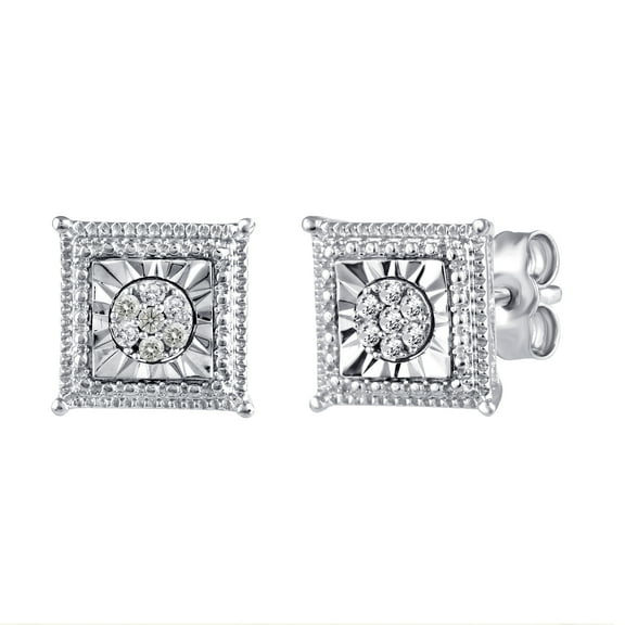 1/10 Ctw Square Natural Diamond Stud Earrings set in 925 Sterling Silver